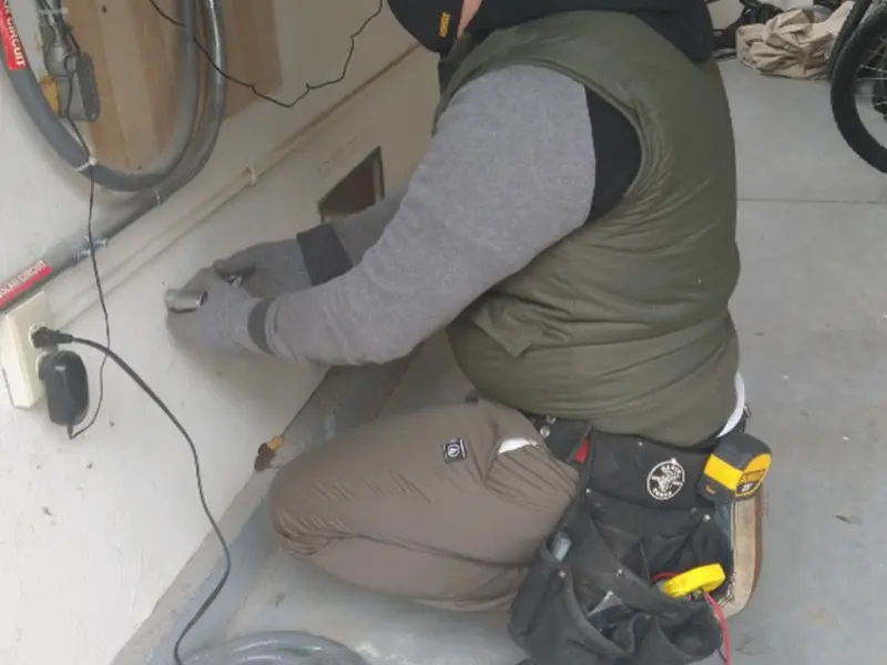 Electrician performing outlet wiring in a West Chicago garage